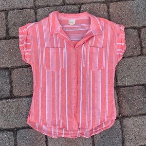 Coastal Preppy Peach and White Striped Button Down Short Sleeve Shirt